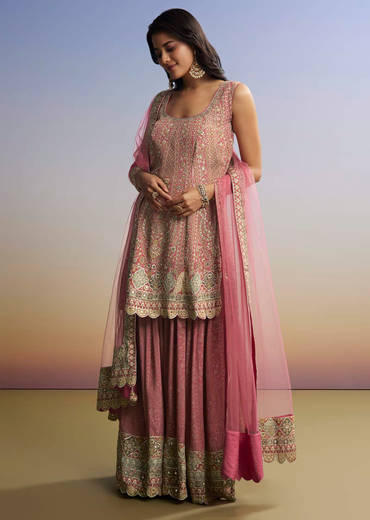 Pink Floral Palazzo Set With Dupatta