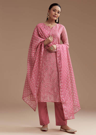 Pink Floral Print Chanderi Kurta Set with Gotta Work