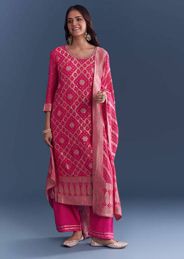 Pink Georgette Kurta Set With Bandhani Print And Jacquard Weave