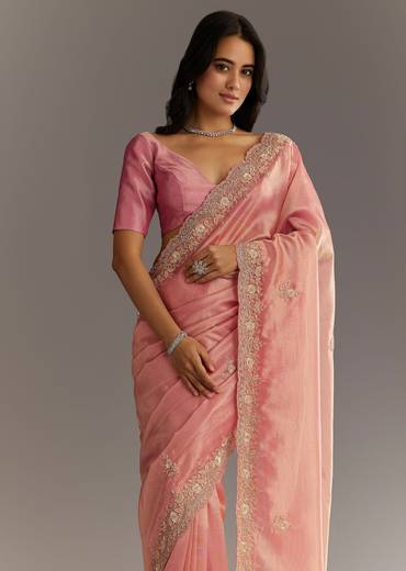 Pink Glass Tissue Sareee With Embroidered Scallop Border