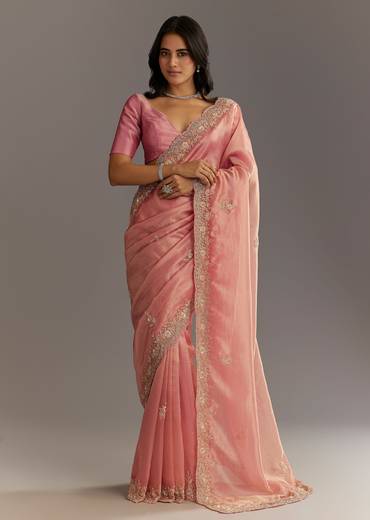 Pink Glass Tissue Sareee With Embroidered Scallop Border