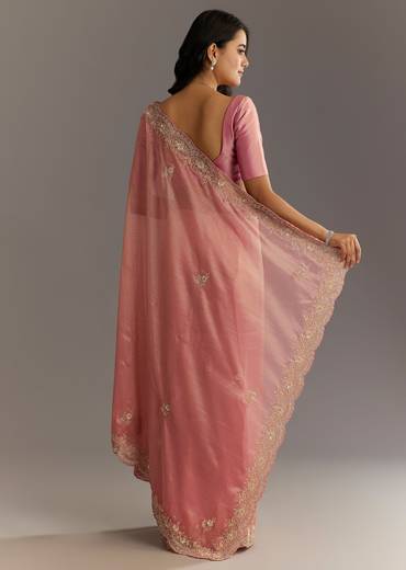 Pink Glass Tissue Sareee With Embroidered Scallop Border