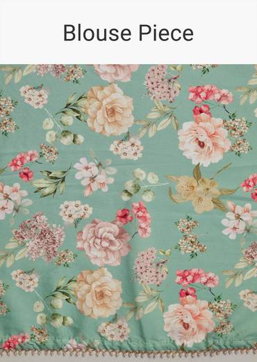 White Green Glass Tissue Sequin Embroidered Saree With Contrast Blouse