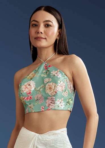 White Green Glass Tissue Sequin Embroidered Saree With Contrast Blouse