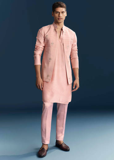 Pink Imported Linen Kurta Jacket Set For Men With Aari Embroidery