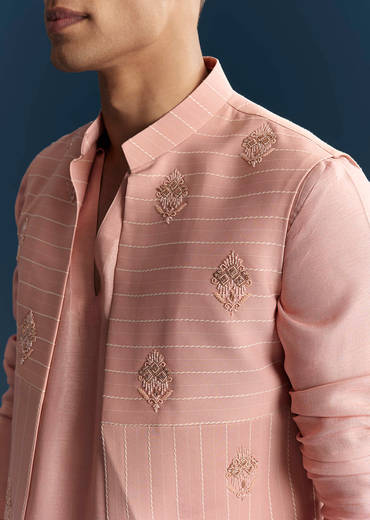 Pink Imported Linen Kurta Jacket Set For Men With Aari Embroidery