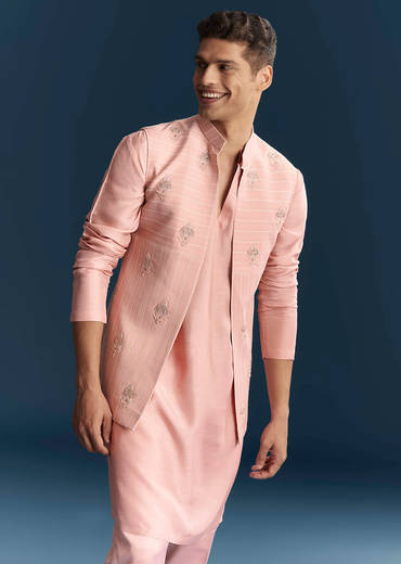 Pink Imported Linen Kurta Jacket Set For Men With Aari Embroidery
