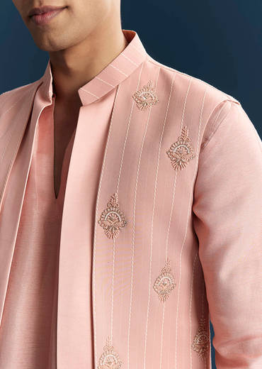 Pink Imported Linen Kurta Jacket Set For Men With Aari Work