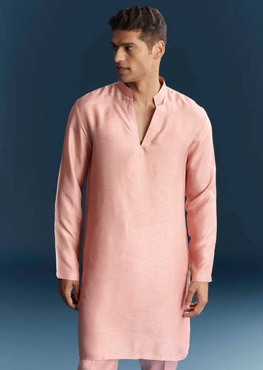 Pink Imported Linen Kurta Jacket Set For Men With Aari Work