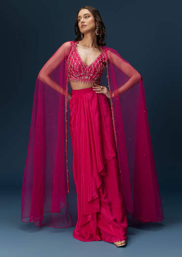 Pink Indo Western Skirt Set With Embroidered Blouse And Dupatta