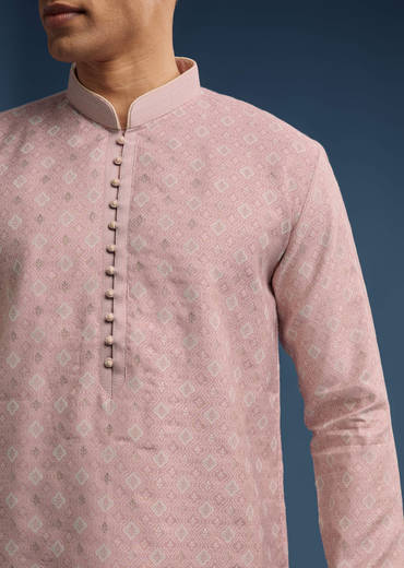 Pink Jacquard Kurta Set For Men