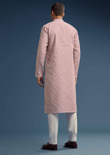 Pink Jacquard Kurta Set For Men