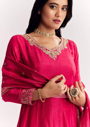 Pink Jacquard Silk Anarkali Suit With Dupatta