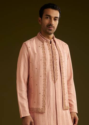 Pink Knit Kurta Jacket Set With Moti Work