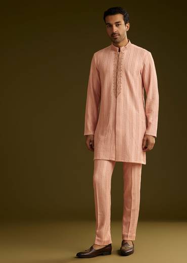 Pink Knit Kurta Jacket Set With Moti Work