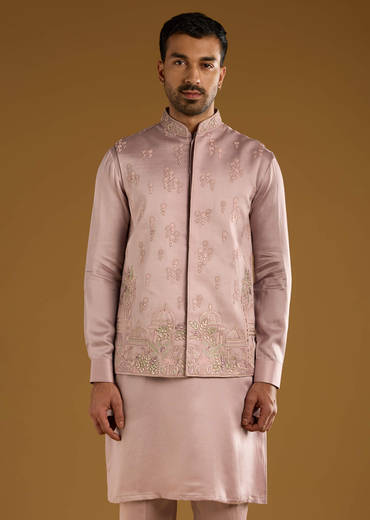 Pink Kurta Jacket Set For Men With Thread Work