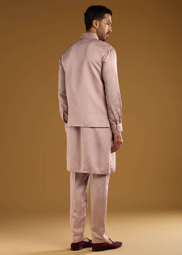 Pink Kurta Jacket Set For Men With Thread Work
