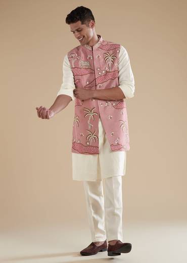 Pink Kurta Jacket Set With Thread Resham French Knot Moti And Cut Dana Detail