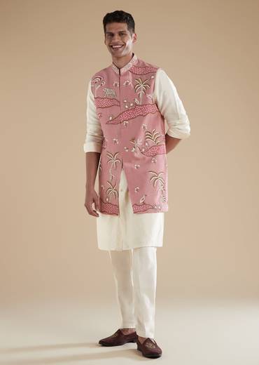 Pink Kurta Jacket Set With Thread Resham French Knot Moti And Cut Dana Detail