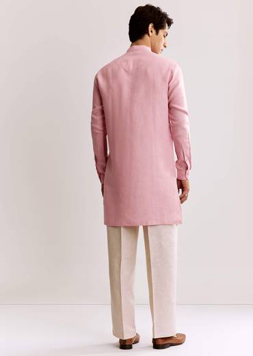 Pink Linen Kurta Set With Embroidery