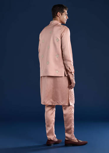 Pink Linen Silk Jacket Kurta Set with Zari Work