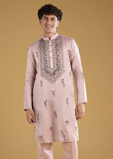 Pink Mens Kurta Set With Thread Metal And Beads Detail