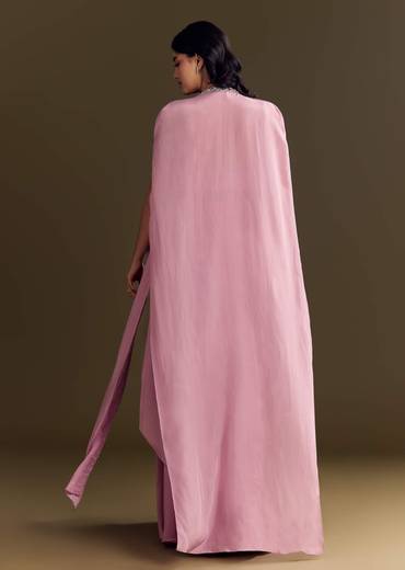 Pink Mirror Sequin Embroidered Croptop Skirt With Cape