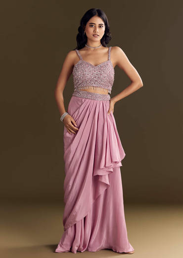 Pink Mirror Sequin Embroidered Croptop Skirt With Cape