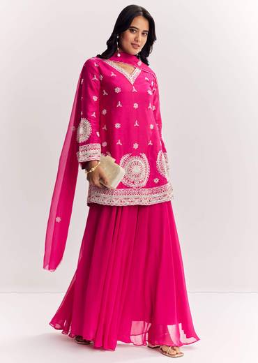 Pink Moti Work Short Kurta Palazzo Suit With Organza Dupatta
