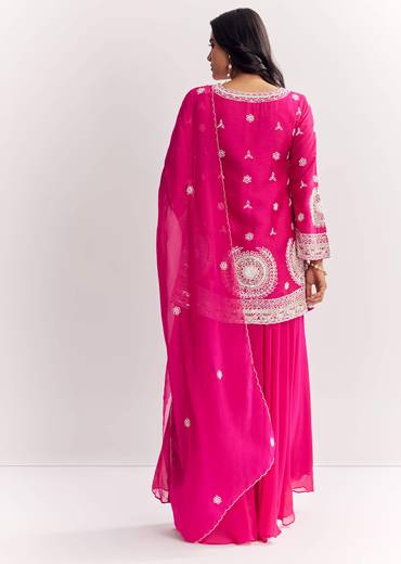 Pink Moti Work Short Kurta Palazzo Suit With Organza Dupatta