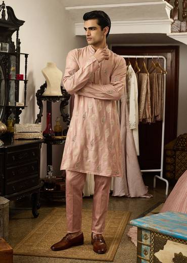 Pink Munga Silk Embroidered Butti Kurta Set
