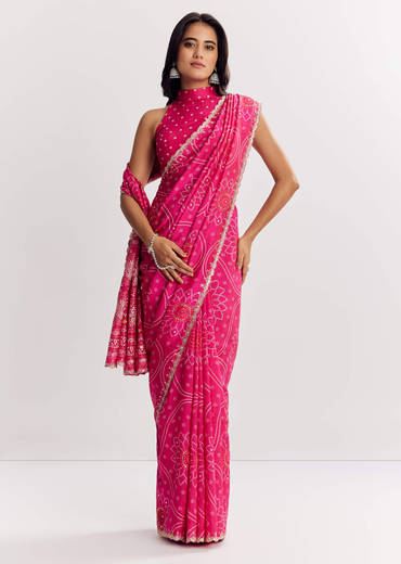 Pink Muslin Bandhani Printed Saree With Zari And Mirror Embroidery