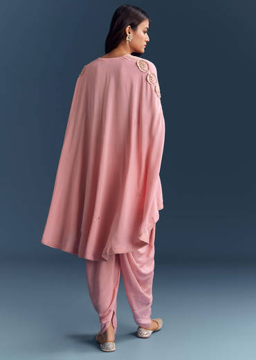 Pink Muslin Cape Top And Dhoti Set With Gota Work