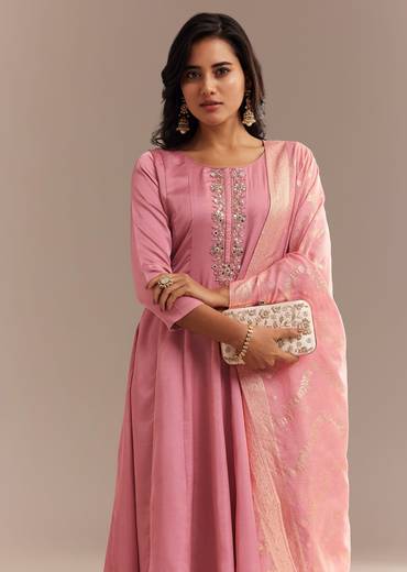 Pink Muslin Mirror Embroidered Anarkali Set