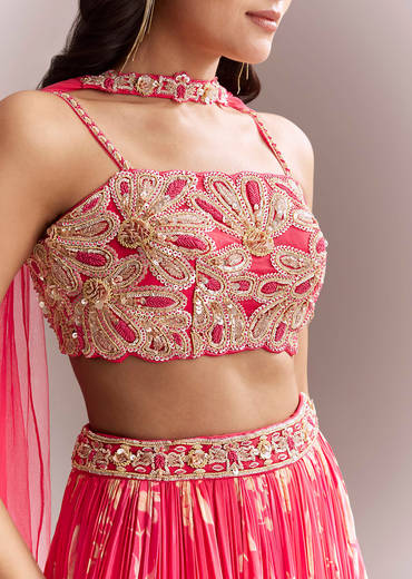 Pink Net Bridesmaid Lehenga With Floral Print And Heavy Embroidery