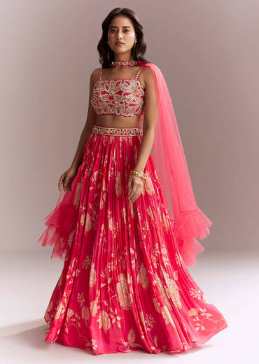 Pink Net Bridesmaid Lehenga With Floral Print And Heavy Embroidery