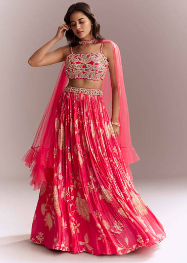 Pink Net Bridesmaid Lehenga With Floral Print And Heavy Embroidery