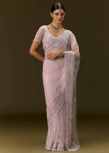 Pink Net Saree With All Over Embroidery