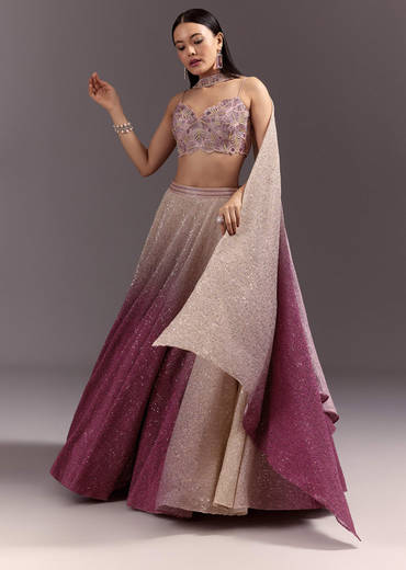 Pink Ombre Lehenga Dupatta Set With Heavily Worked Blouse