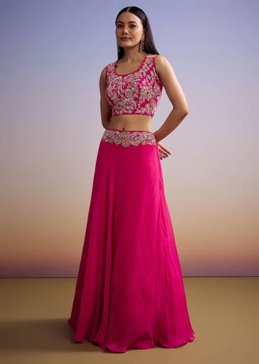 Pink Organza Crop Top And Skirt Set With Embroidered Cape