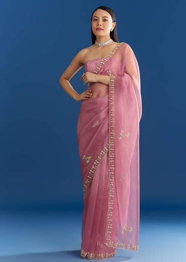 Pink Organza Tissue Saree With Beaded Scallop Border
