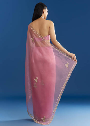 Pink Organza Tissue Saree With Beaded Scallop Border
