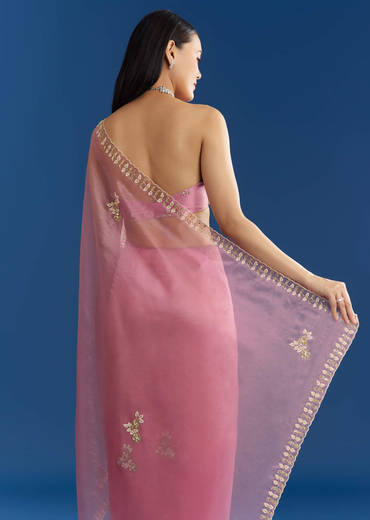 Pink Organza Tissue Saree With Beaded Scallop Border