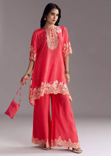 Pink Printed Co-ord Set With Mirror Work