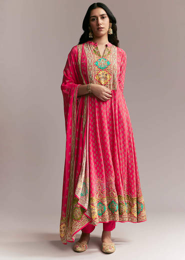 Pink Printed Crepe Anarkali Set