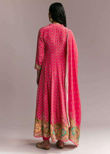 Pink Printed Crepe Anarkali Set