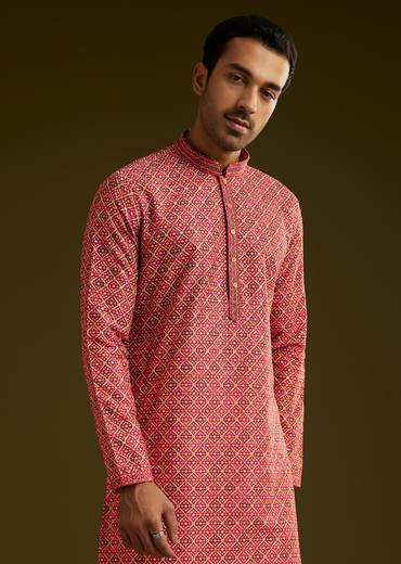 Pink Printed Kurta Set In Silk