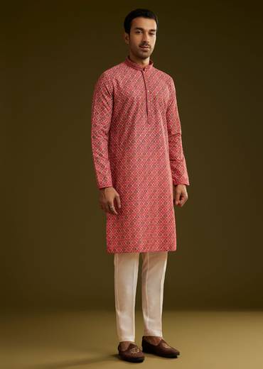 Pink Printed Kurta Set In Silk