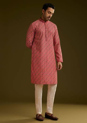 Pink Printed Kurta Set In Silk