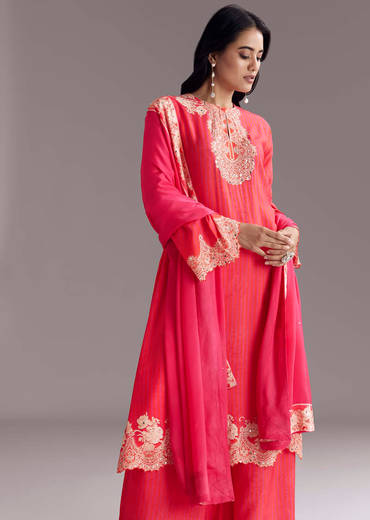 Pink Printed Palazzo Set With Mirror Work